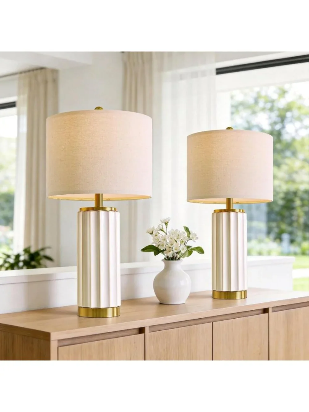 Set of 2 Off-White Mid Century Modern Ceramic Table Lamps, Linen Shade & Gold